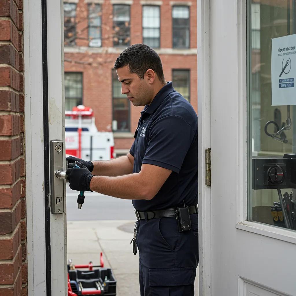 Professional locksmith in Montreal working on a door lock, emphasizing urgency and expertise