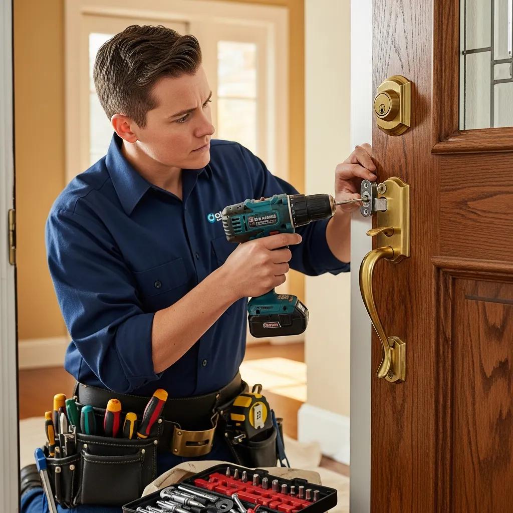 Professional locksmith installing a deadbolt lock, emphasizing emergency lock installation services