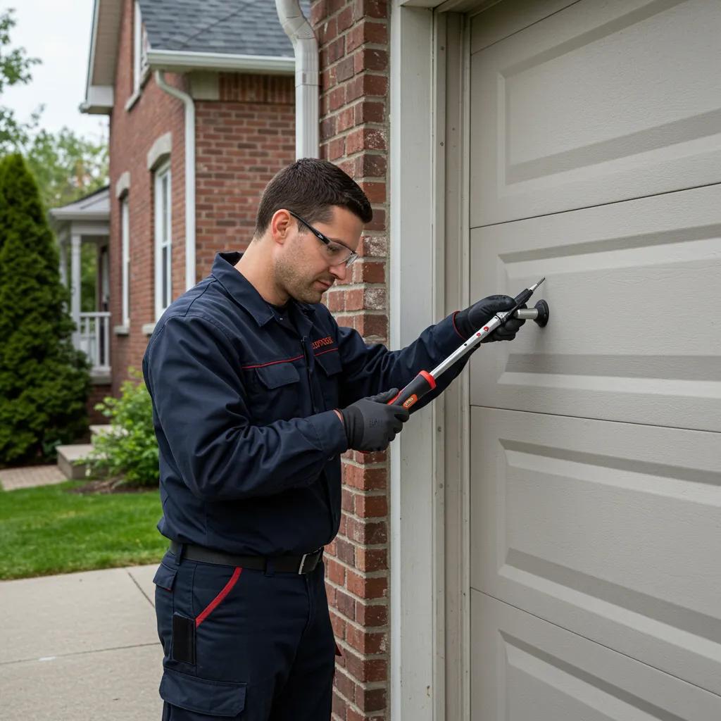 Expert locksmith repairing a garage door lock in a Montreal neighborhood