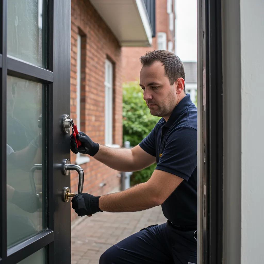 Professional locksmith expertly opening a door in a city setting, representing Montreal's emergency locksmith services