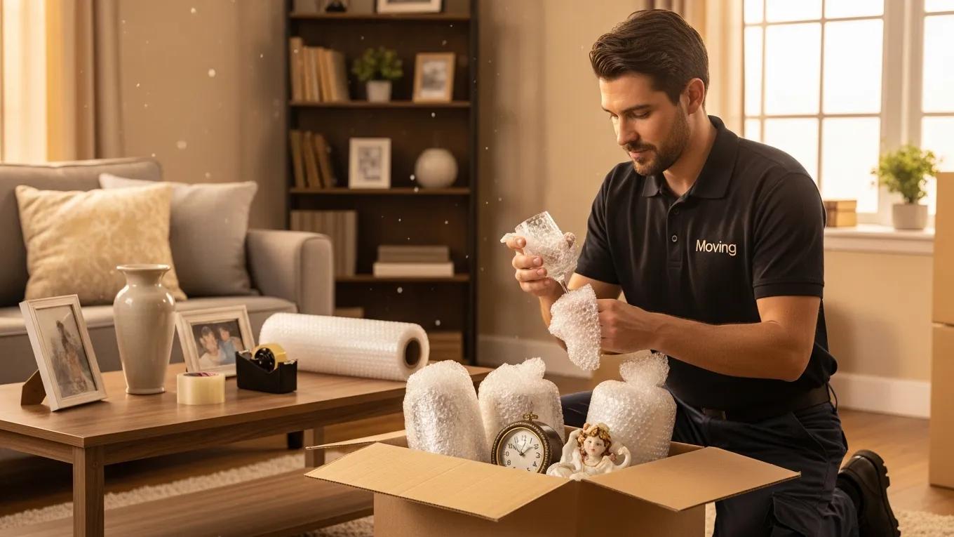 Professional mover packing fragile items securely for relocation