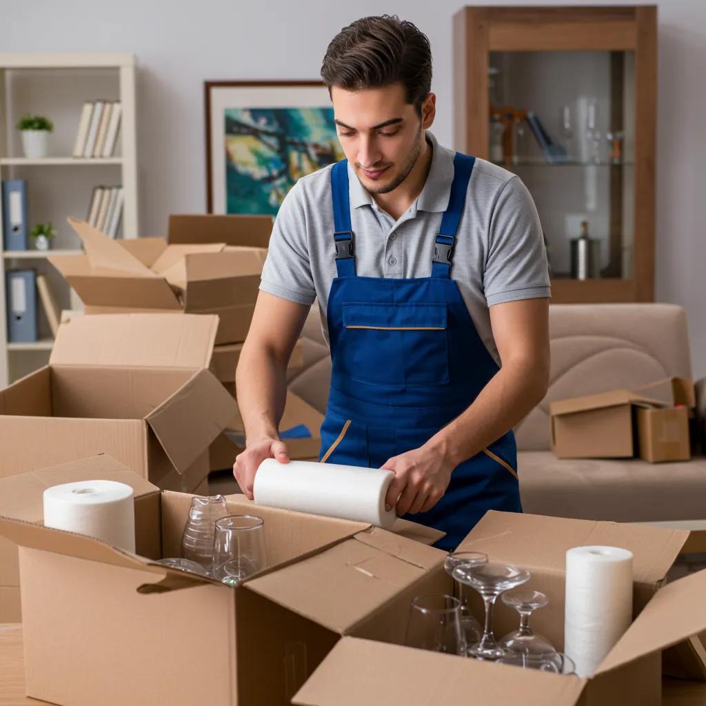 Professional mover packing fragile items with care and protective materials