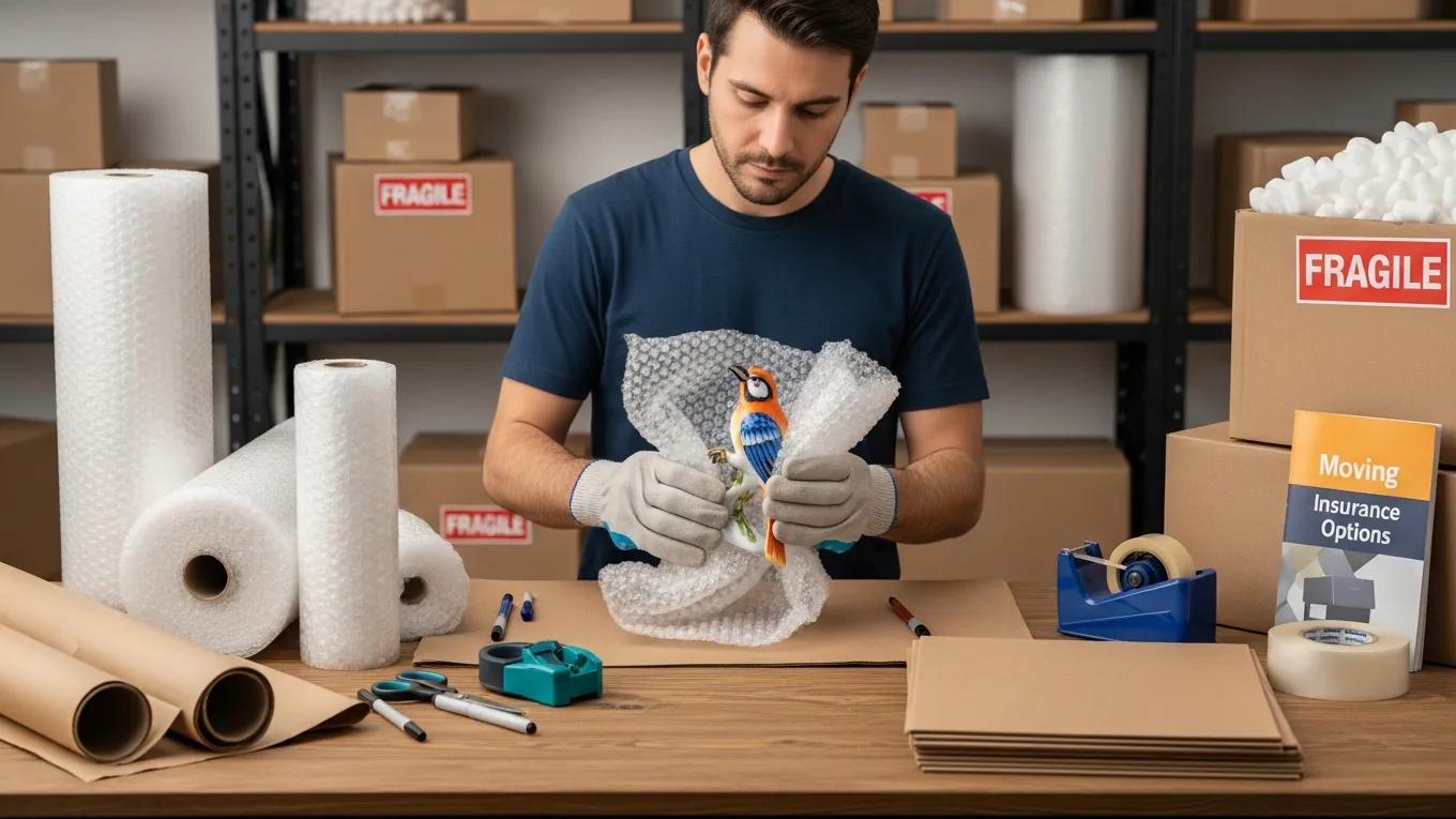 Professional packer wrapping fragile items for international relocation