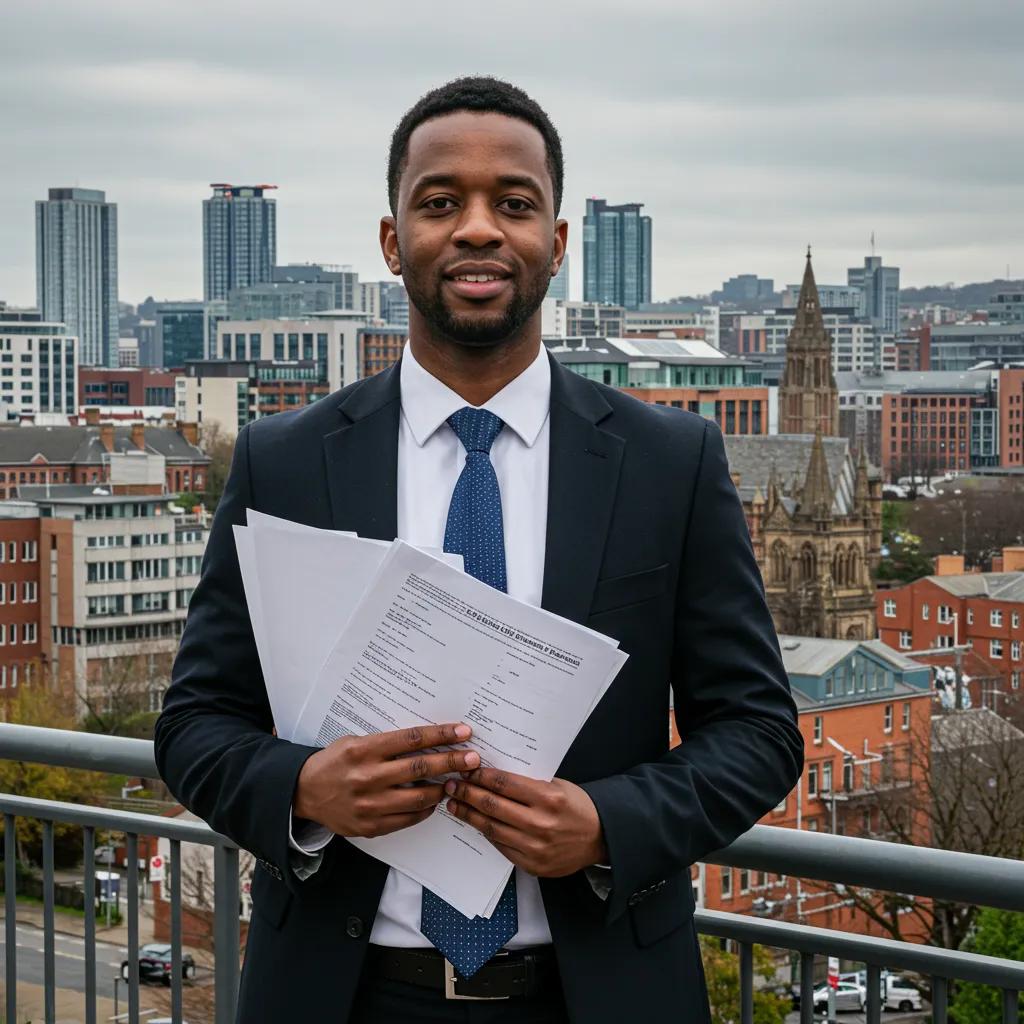 Professional process server delivering legal documents in Birmingham cityscape