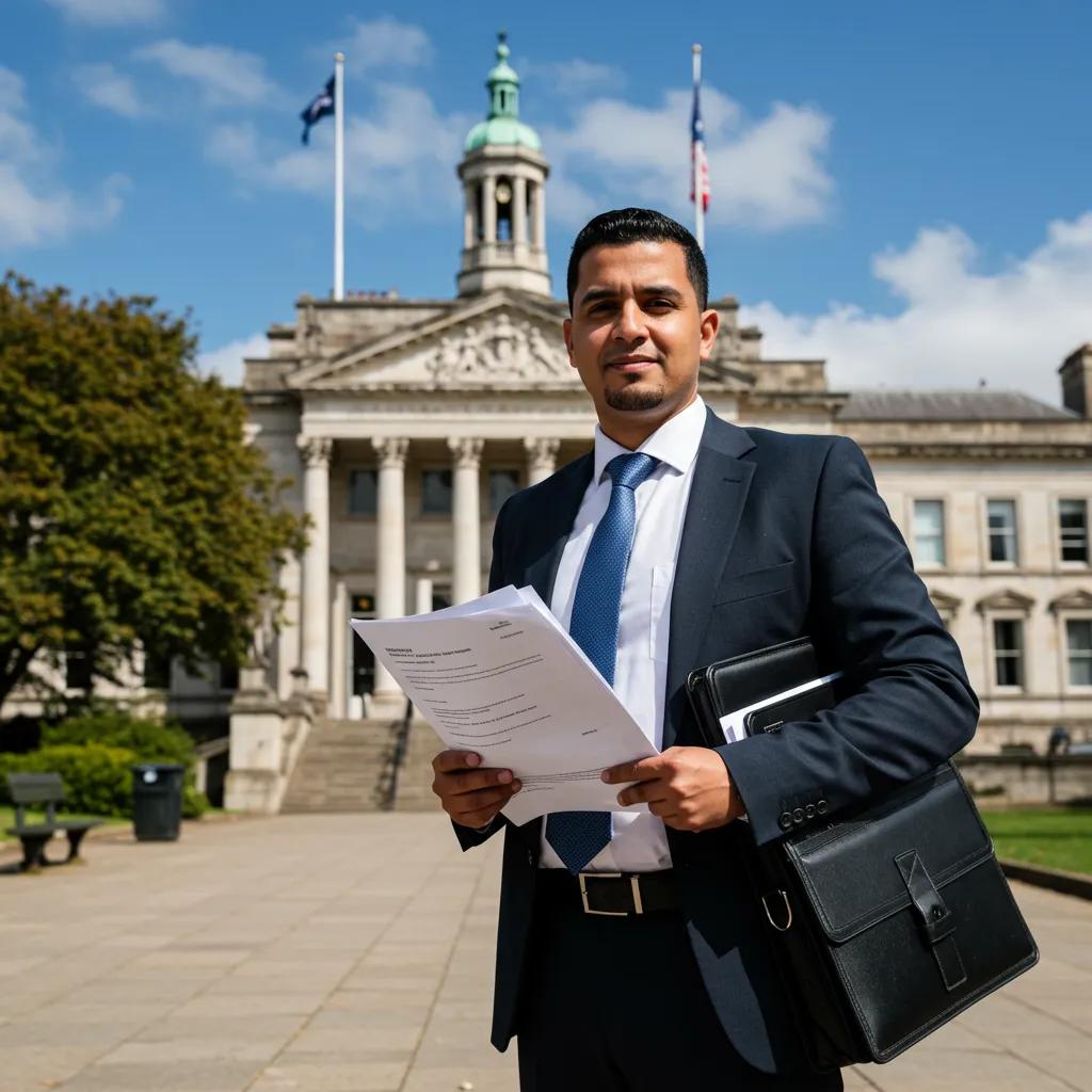 Professional process server delivering legal documents outside a Swansea courthouse