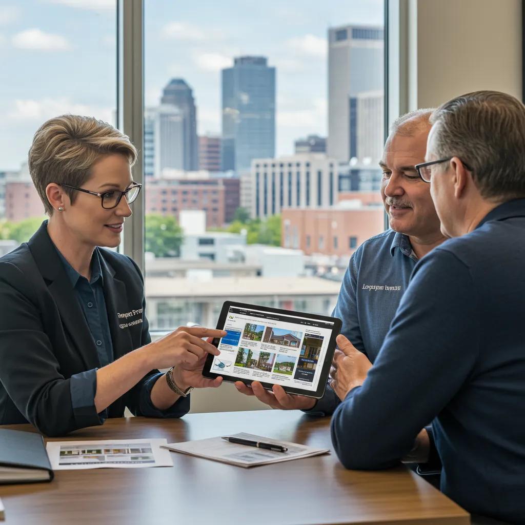 Professional property manager consulting with a landlord in a modern office about property management in Tulsa
