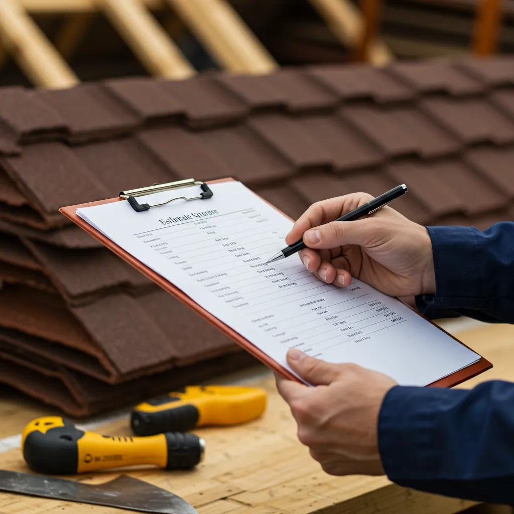 Professional roofing estimator reviewing a detailed quote with roofing materials in the background