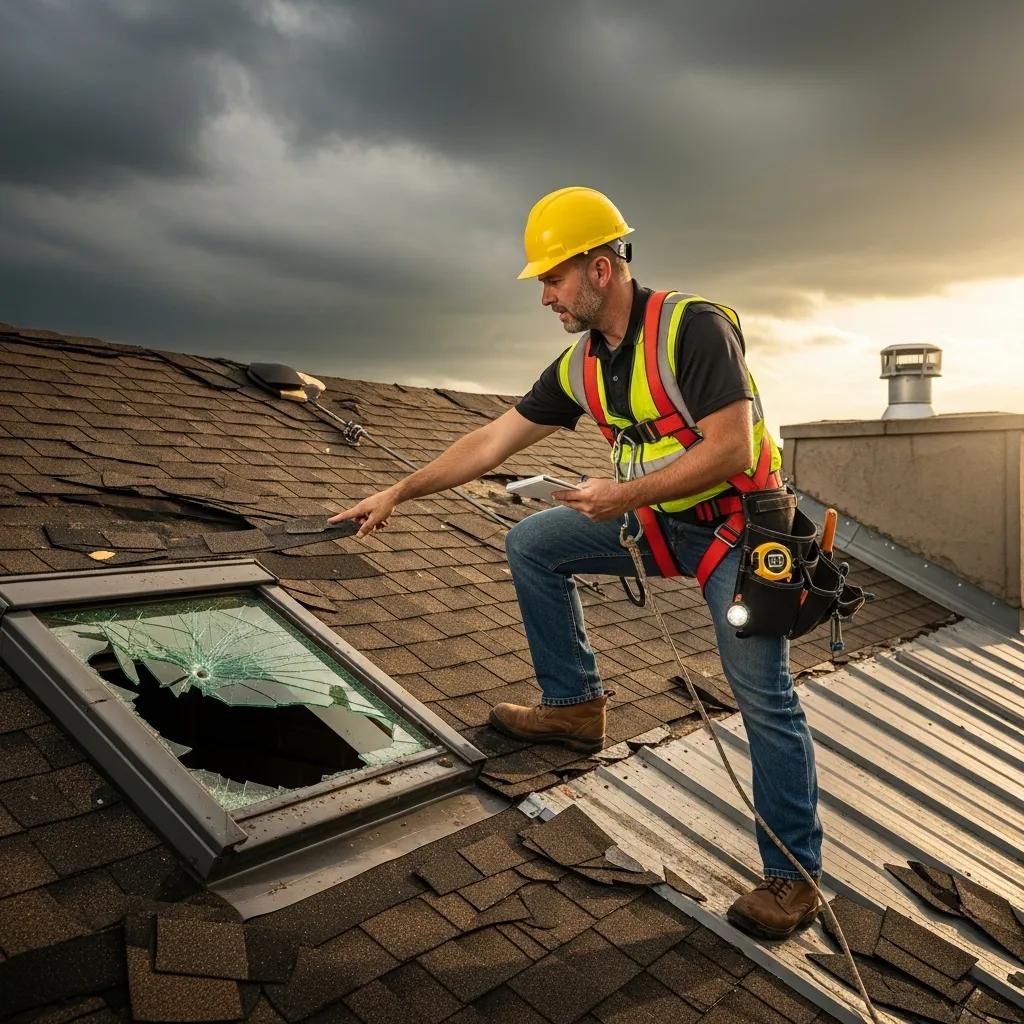 Roof inspector evaluating storm damage after severe weather
