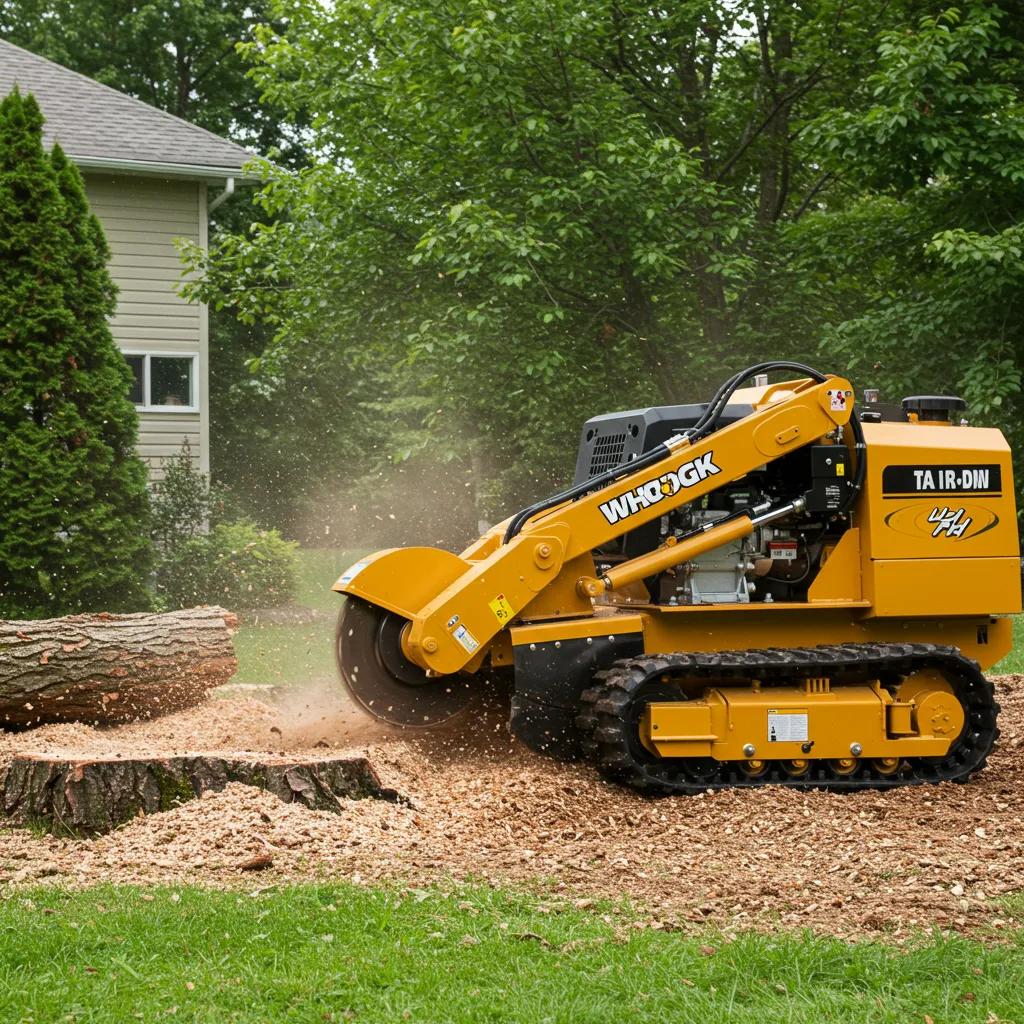 Professional stump grinder removing a tree stump in a residential yard