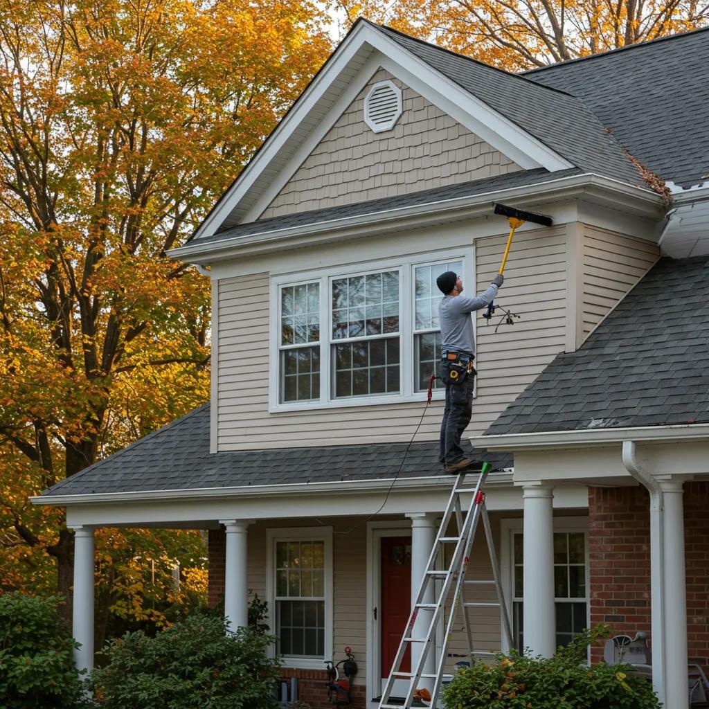 Professional technician cleaning gutters on a Long Island home, emphasizing home maintenance and care