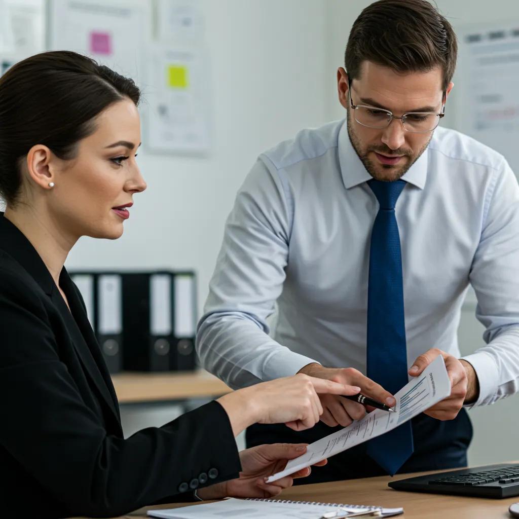 Professional tracing agent explaining benefits to a client in an office