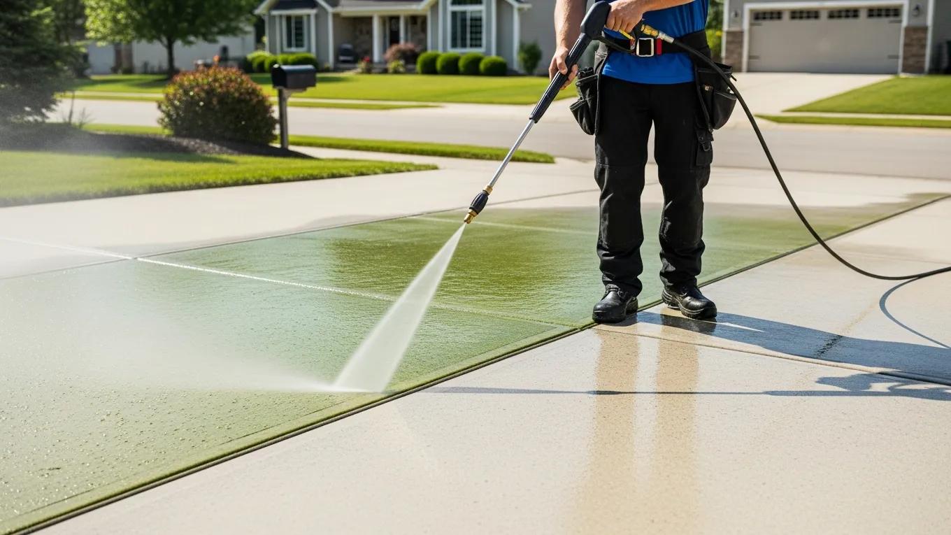 Professional using pressure washer on driveway