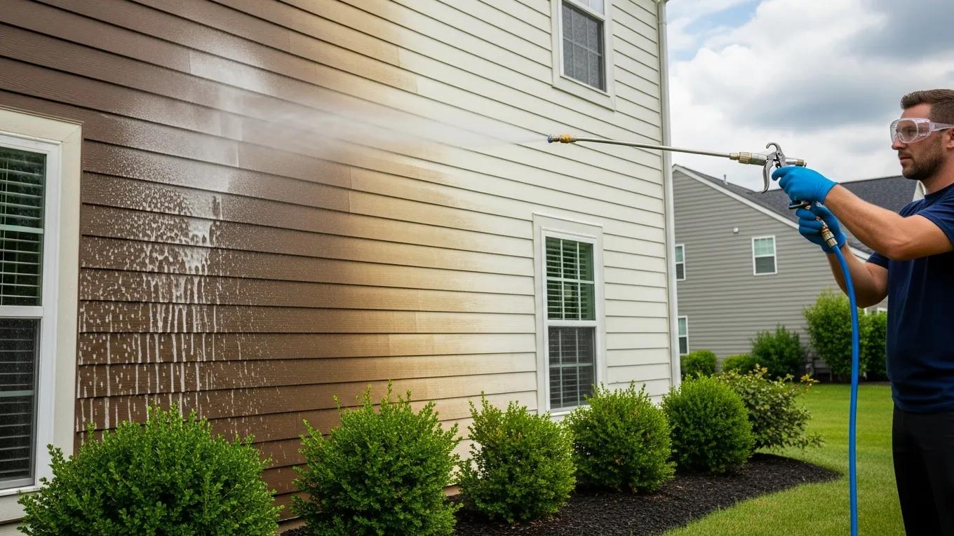 Professional using soft wash technique on home exterior showcasing effective cleaning