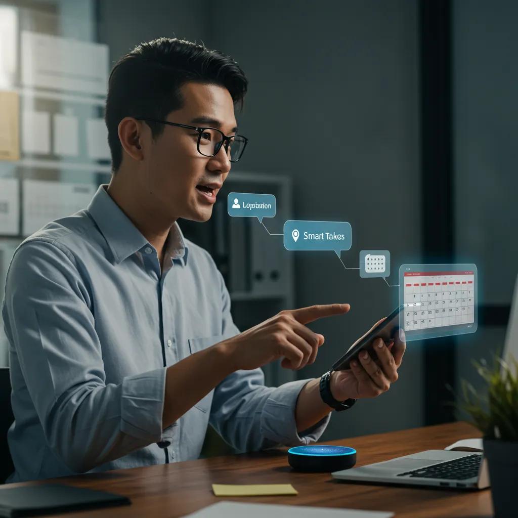 Professional using voice AI to automate routine tasks in an office environment Professional using voice AI to automate routine tasks in an office environment