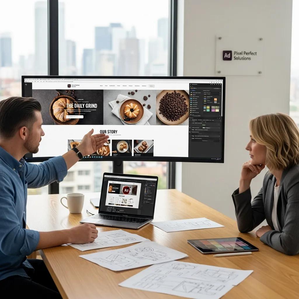 Professional web designer collaborating with a client on website design, showcasing a food-themed site on a large monitor and a laptop, with design sketches on the table, highlighting customisation and user-focused design for small businesses.