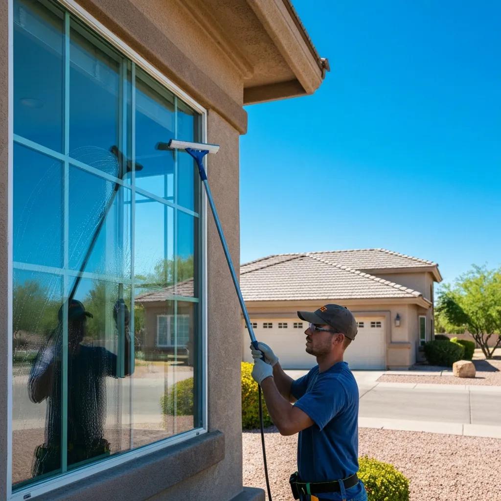 Window cleaner polishing glass on a Phoenix home to boost curb appeal