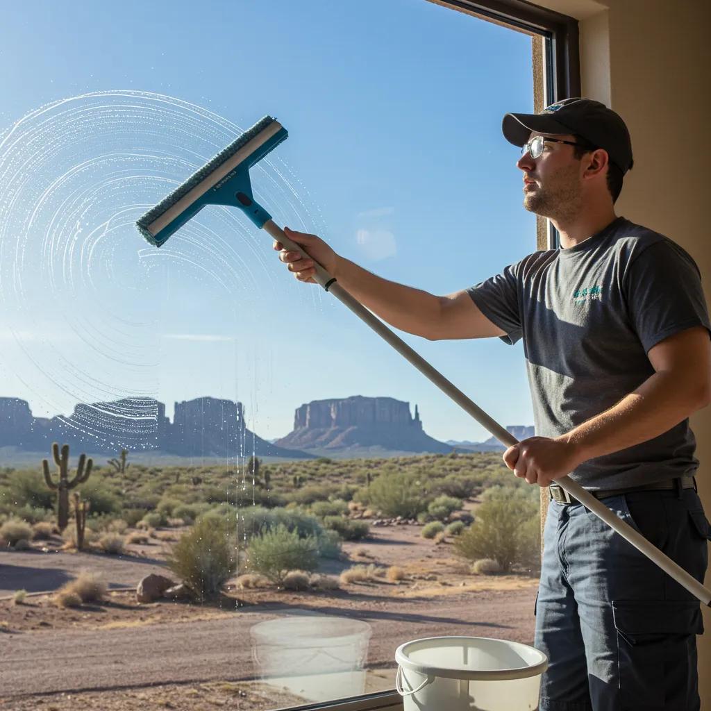 Professional window cleaner in Arizona demonstrating expert cleaning techniques under bright sunlight
