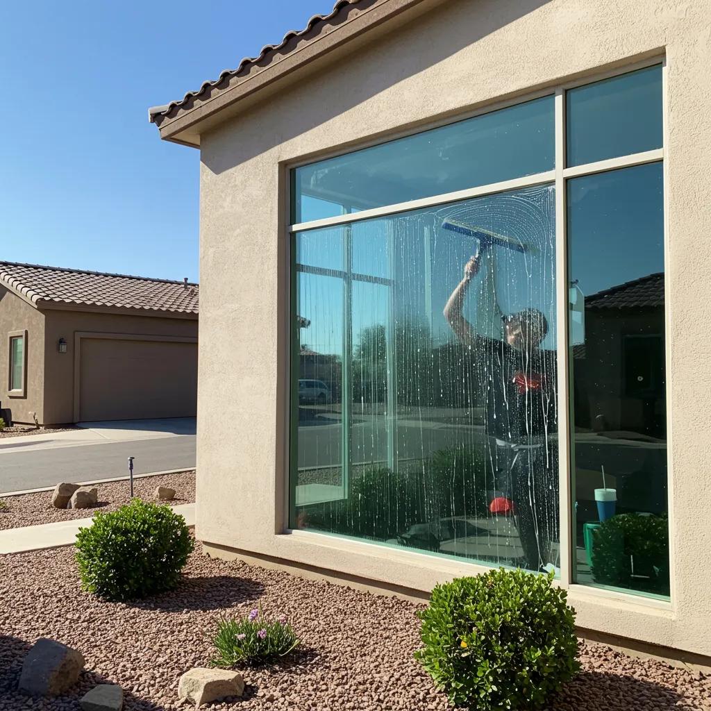 Professional window cleaner in Phoenix cleaning residential windows under bright sunlight