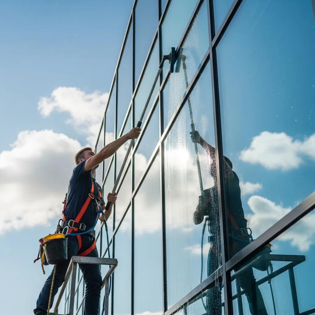 Professional window cleaner using a squeegee on a commercial building window