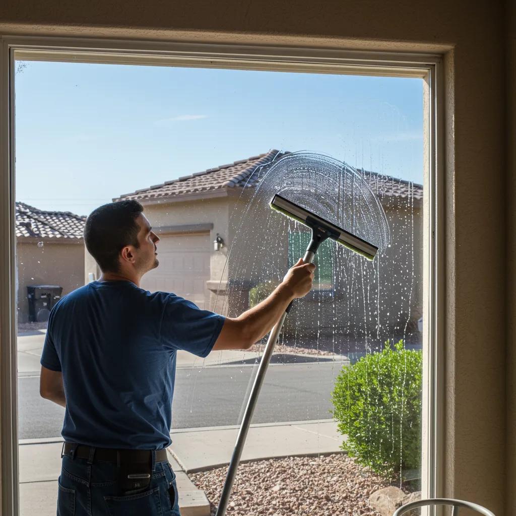 Professional window cleaner using a squeegee on a residential window in Phoenix, showcasing clarity and sunlight