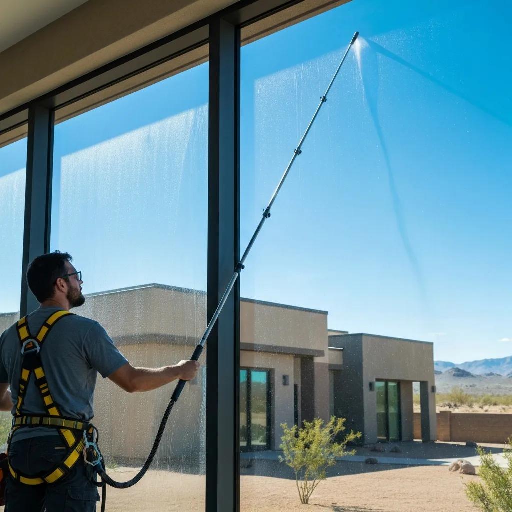 Technician cleaning windows with a water‑fed pole beneath a bright Arizona sky