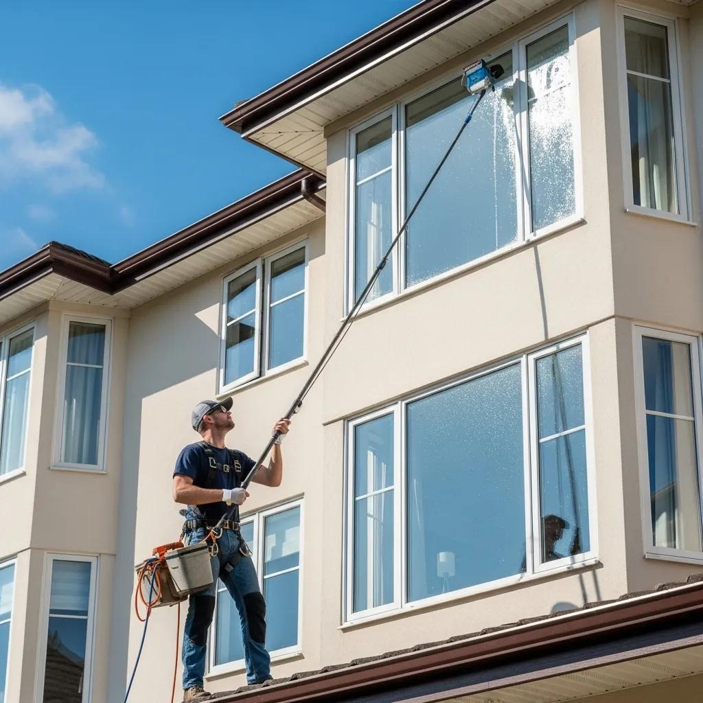 Pro cleaner using water-fed pole and squeegee to leave high windows streak-free Pro cleaner using water-fed pole and squeegee to leave high windows streak-free