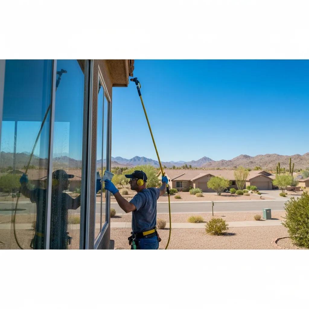Technician cleaning windows with eco-friendly products on a sunny Phoenix day