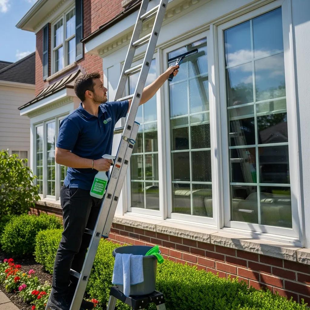 Professional window cleaner using eco-friendly solutions on a residential window