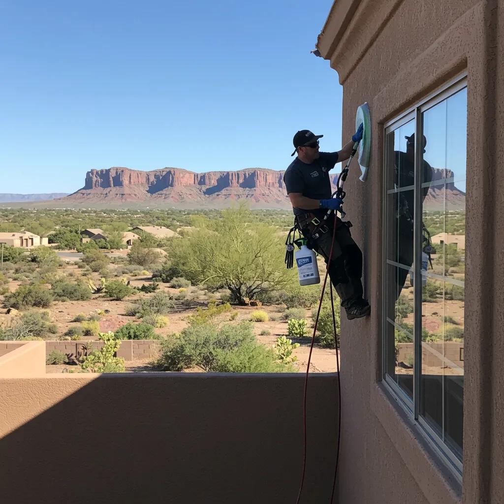 Professional window cleaner using eco-friendly solutions on a sunny Arizona home