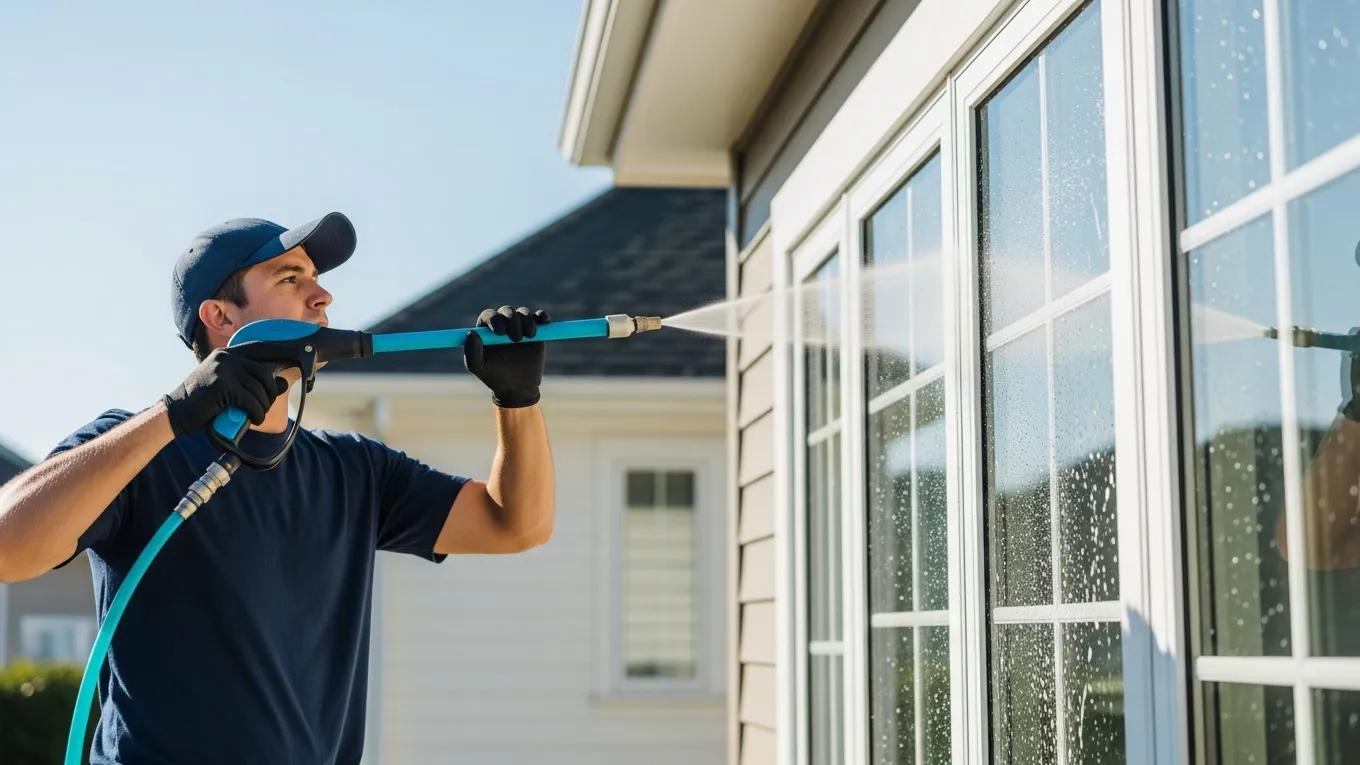 Professional window cleaner using soft wash technique on residential windows