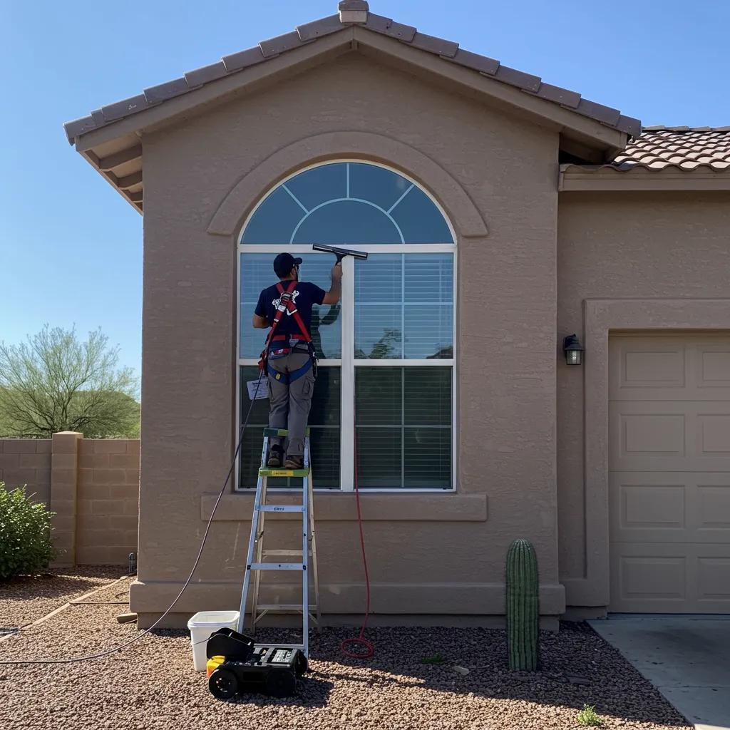 Professional window washer cleaning a residential window in Arizona under a clear blue sky