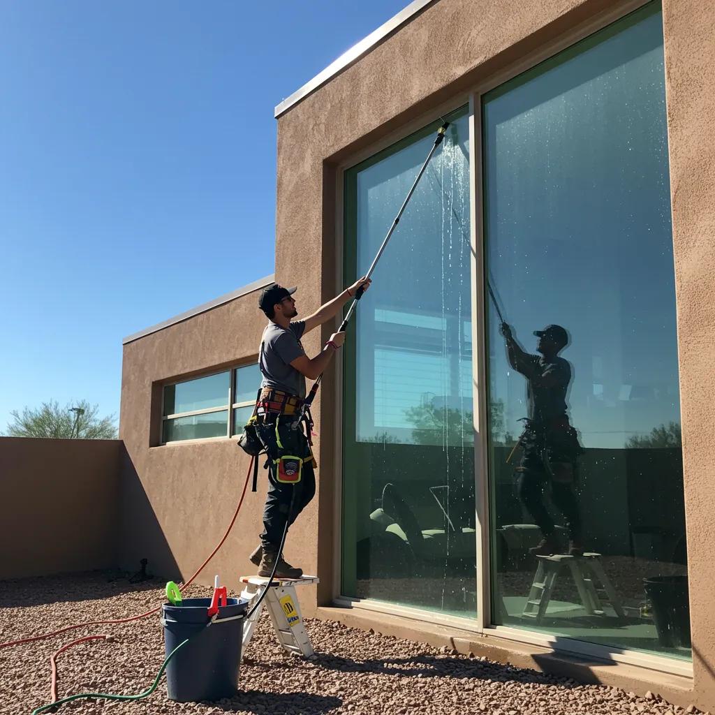 Professional window washer in Arizona using a water-fed pole to clean a large window, emphasizing safety and eco-friendly practices