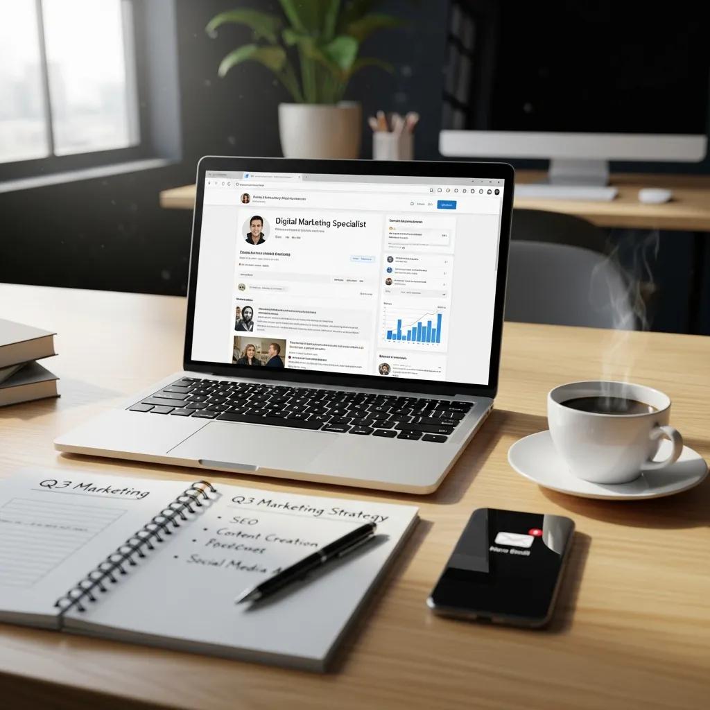Professional workspace with laptop showing LinkedIn, notepad, coffee cup, and smartphone