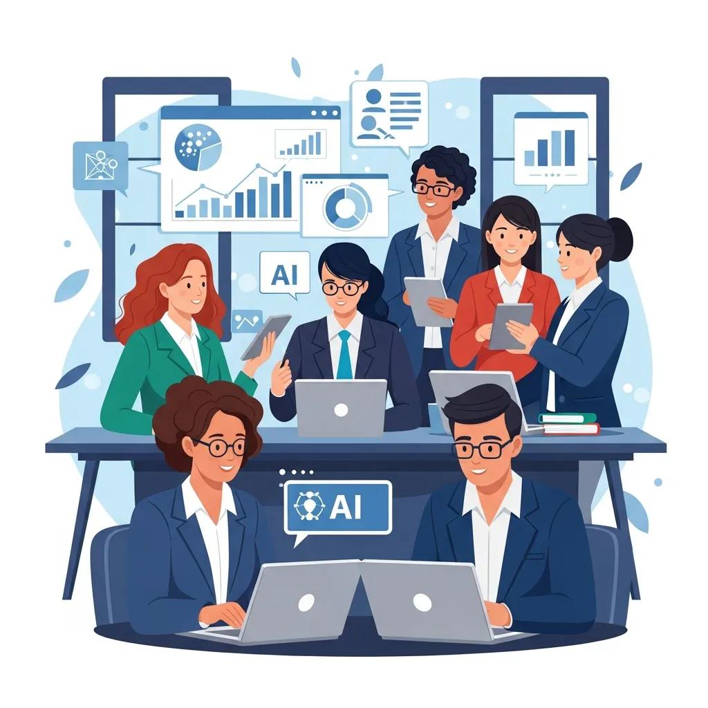 Team reviewing AI-driven business insights in a modern office Team reviewing AI-driven business insights in a modern office