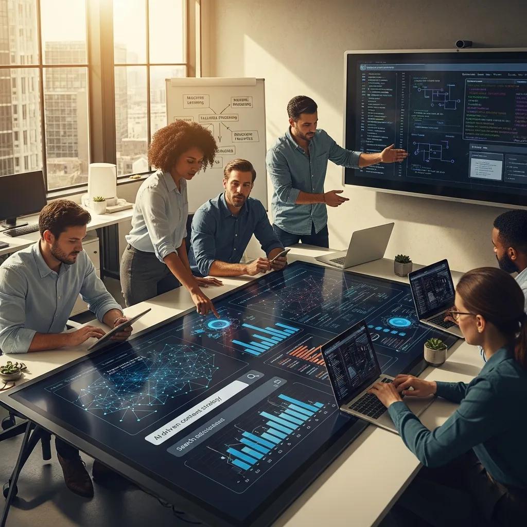 Team collaborating on AI search optimization strategy and automated entity recognition for enterprise search.