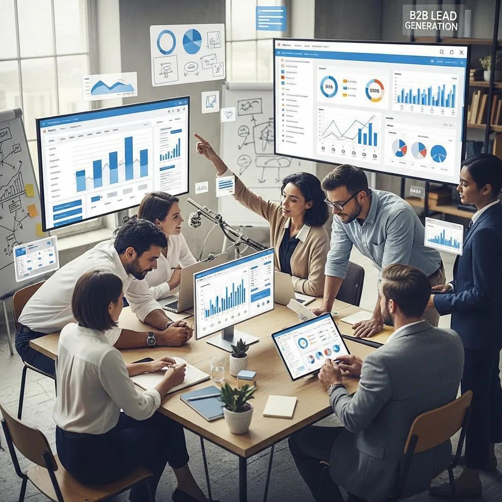Professionals collaborating in a modern office on B2B lead generation strategies