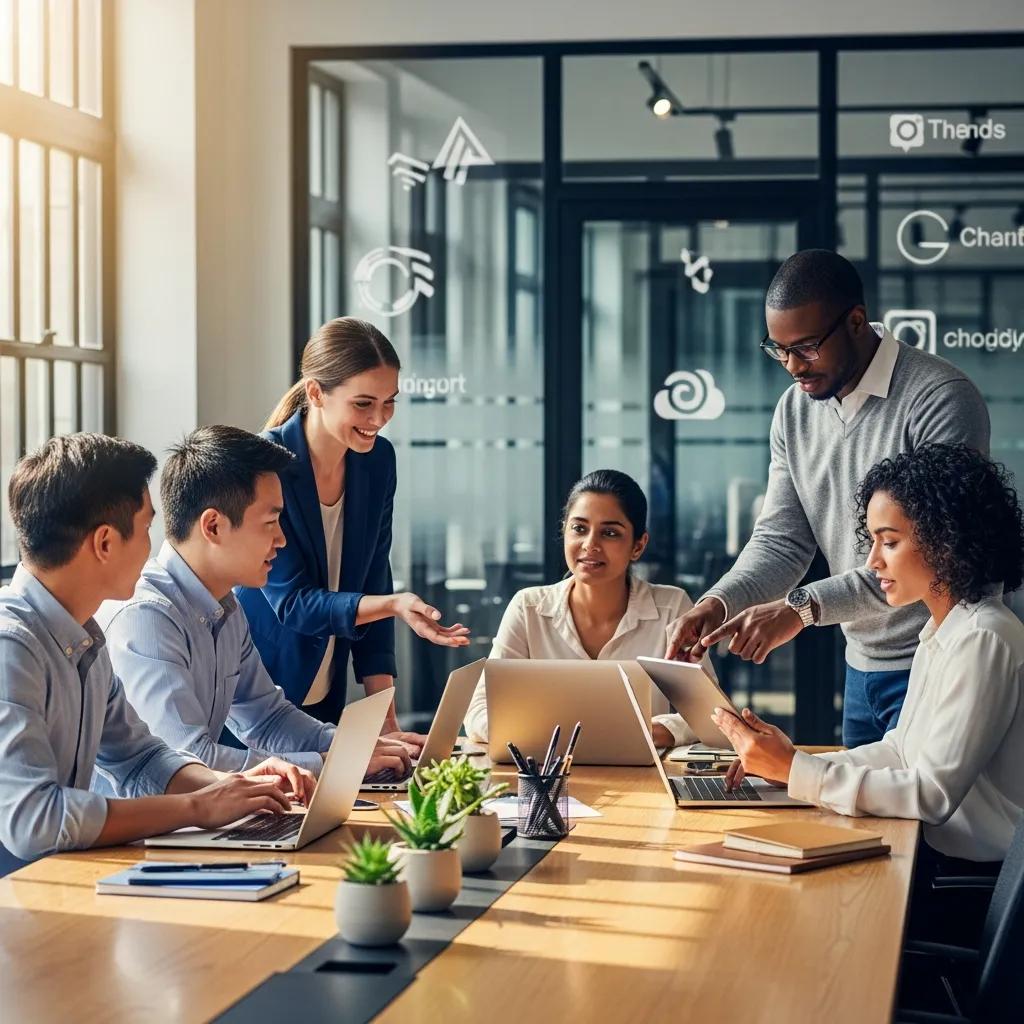 Professionals collaborating in a modern office, representing cloud productivity solutions