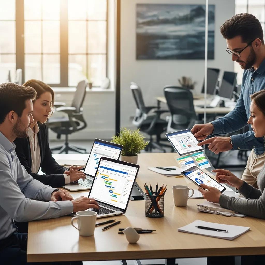 Professionals collaborating in a modern office using virtual management software