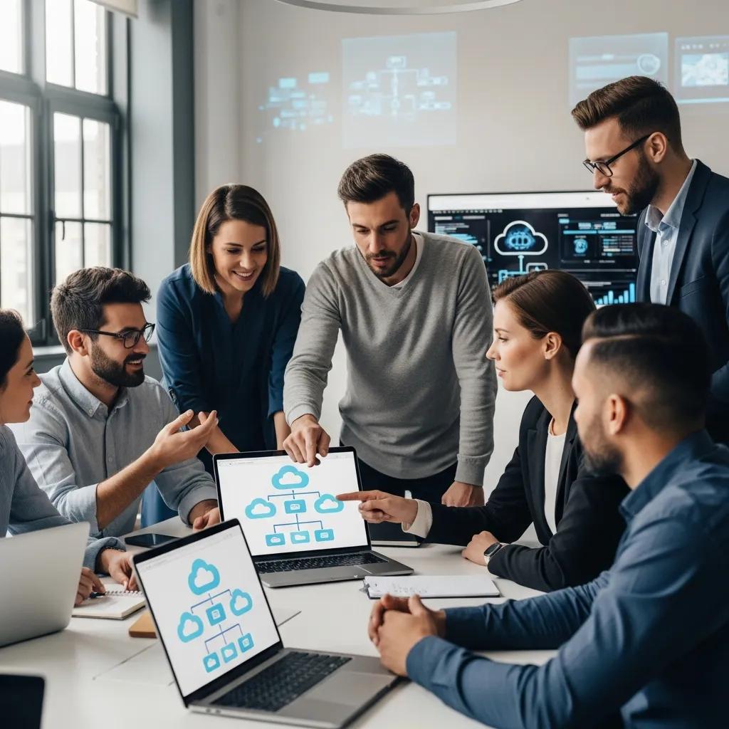 Professionals collaborating on cloud migration strategies in a modern office