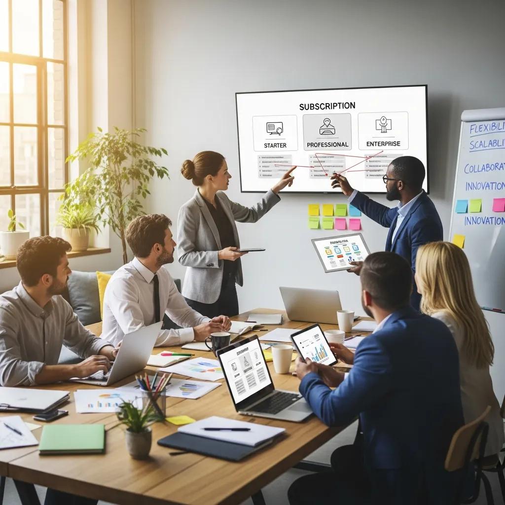 Professionals collaborating on customizable subscription tiers in a creative workspace