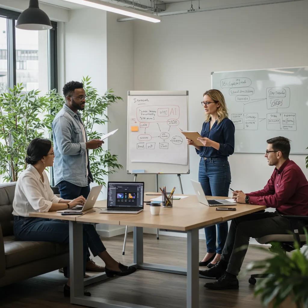 Professionals collaborating on advanced voice AI automation strategies in a modern office setting Professionals collaborating on advanced voice AI automation strategies in a modern office setting