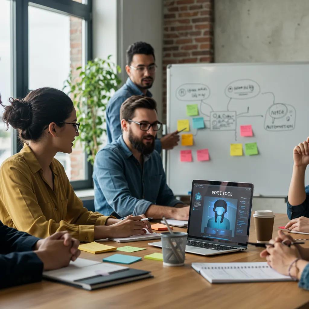 Professionals collaborating on voice AI tools in a contemporary office environment Professionals collaborating on voice AI tools in a contemporary office environment