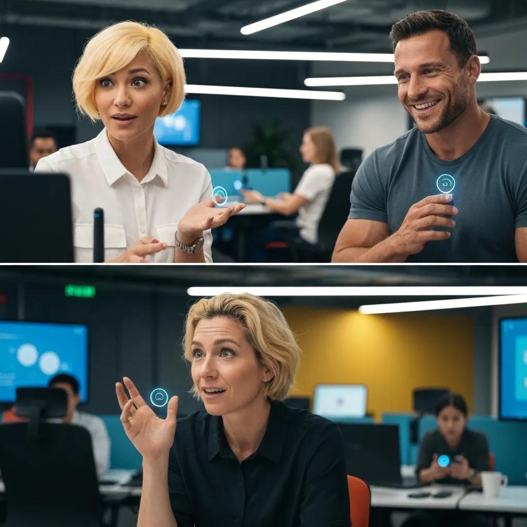 Team collaborating around voice AI tools in a modern office