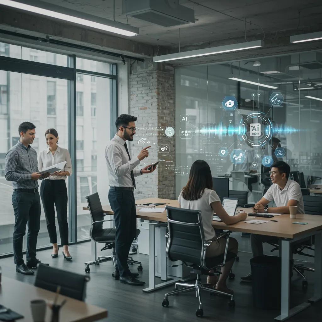 Professionals collaborating with advanced voice AI in a modern workspace Professionals collaborating with advanced voice AI in a modern workspace