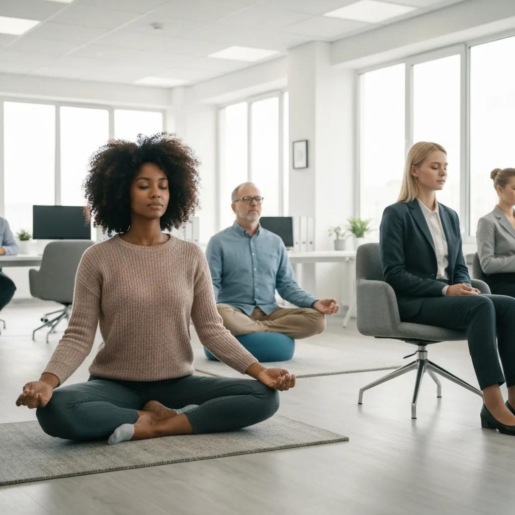 Professionals practicing brief mindfulness and regulation exercises in an office setting, illustrating effective stress management