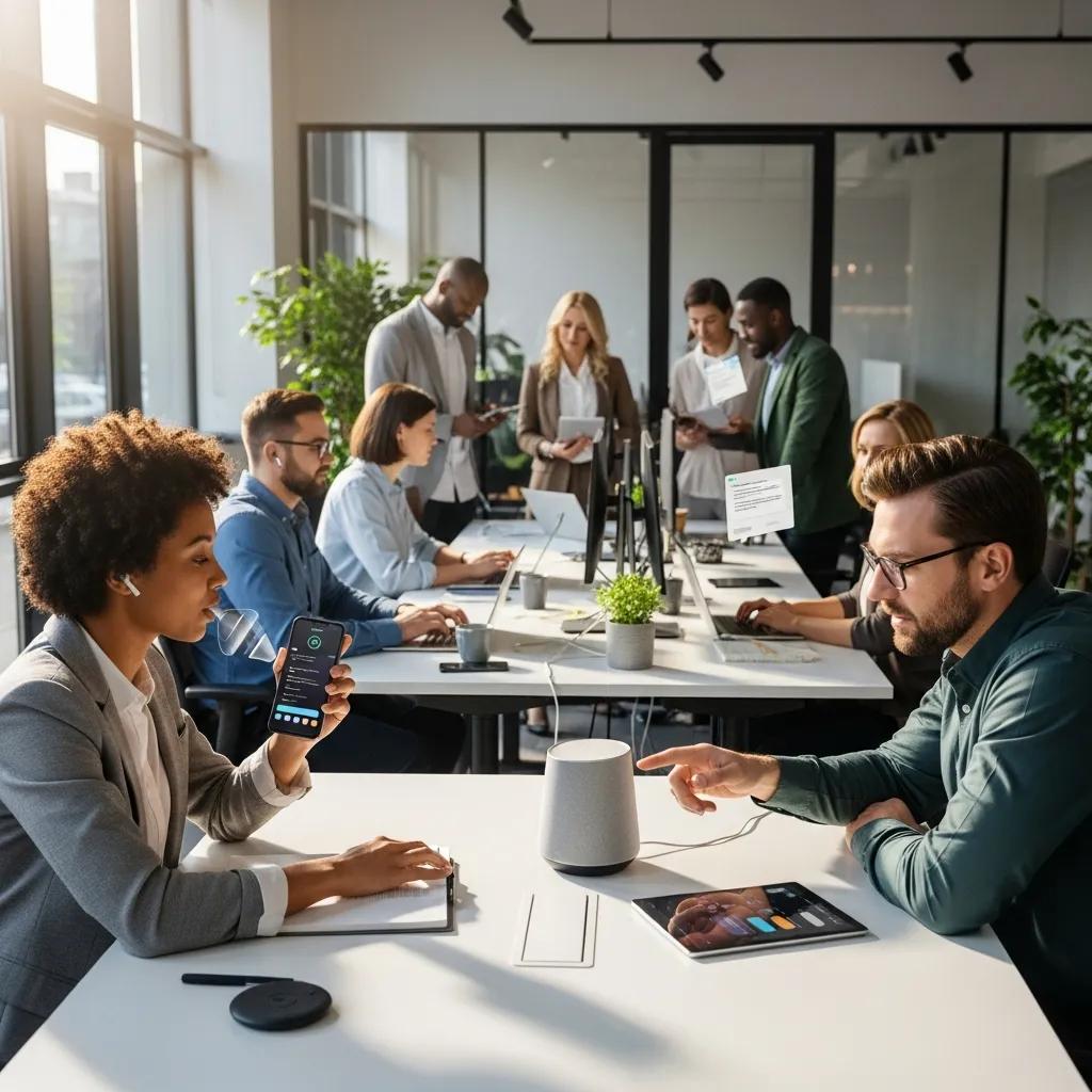 Teams using AI voice assistants in a modern office to streamline customer and operational workflows Teams using AI voice assistants in a modern office to streamline customer and operational workflows