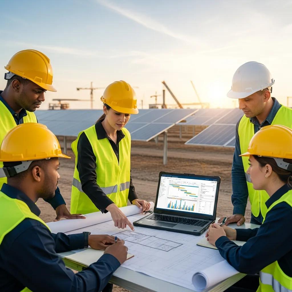 Project manager reviewing plans with the installation team at a solar site Project manager reviewing plans with the installation team at a solar site
