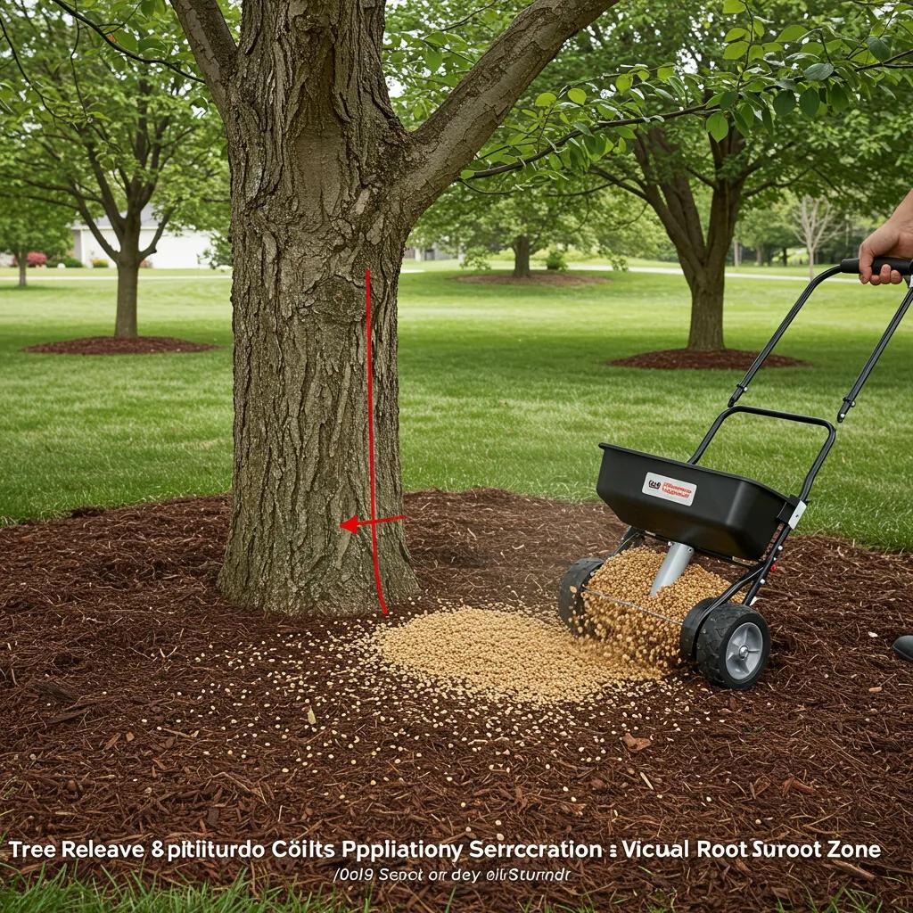 Proper tree fertilization application methods demonstrating slow-release granular fertilizer use