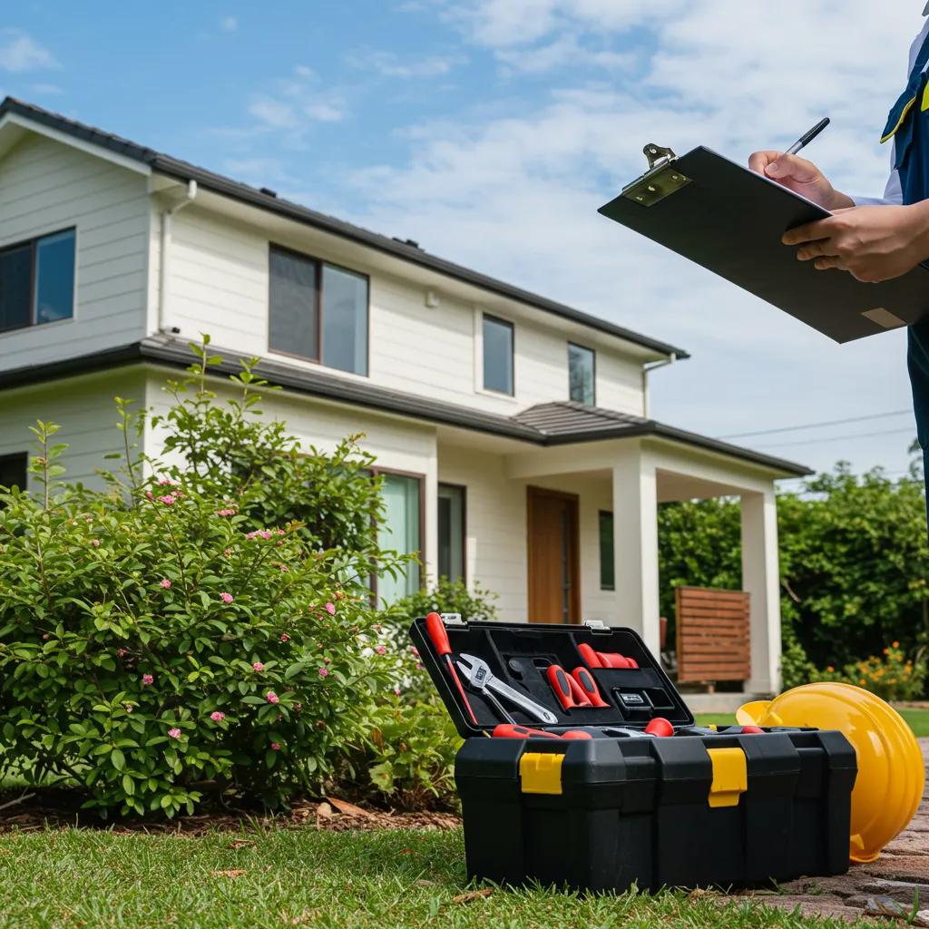 Property manager performing a routine inspection of a well-maintained property outdoors