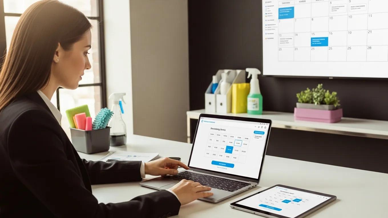 Property manager scheduling cleaning services online in a modern workspace